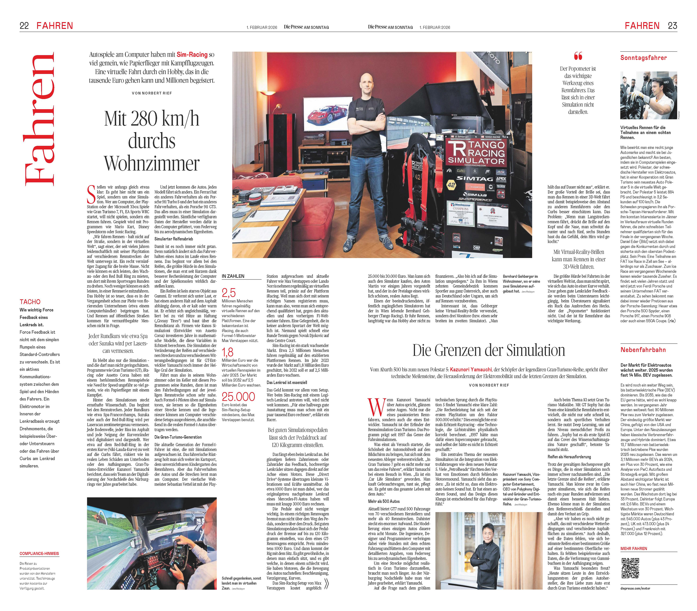 Die Presse am Sonntag — Artikel über den TANGO RACING Simulator