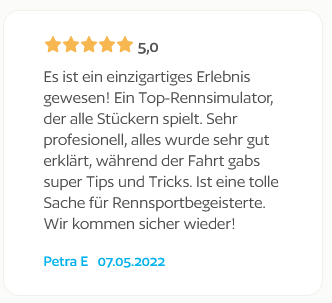 Fünf-Sterne-Bewertung von Petra E. für TANGO RACING, Mai 2022