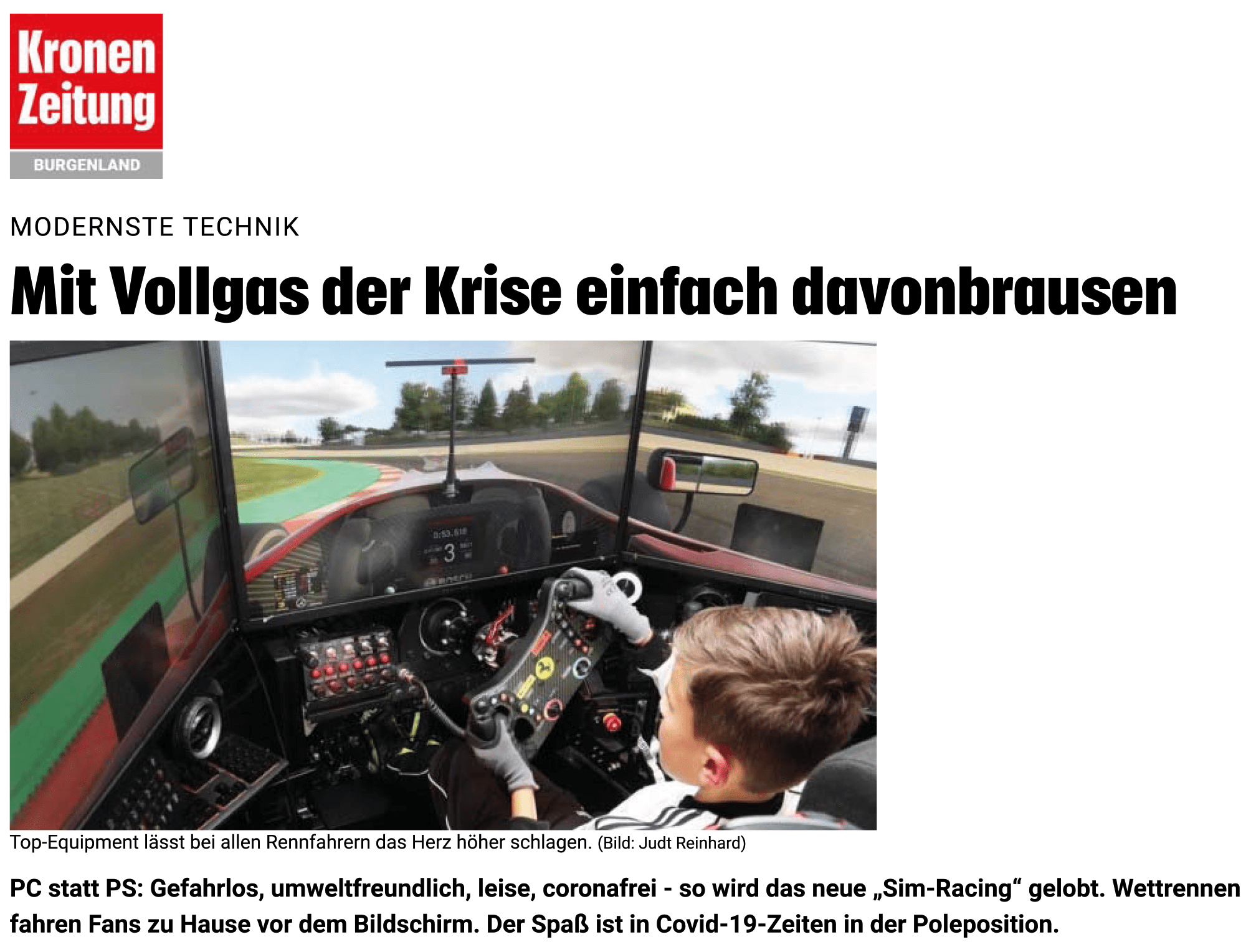 Artikel der Kronen Zeitung über den TANGO RACING Simulator