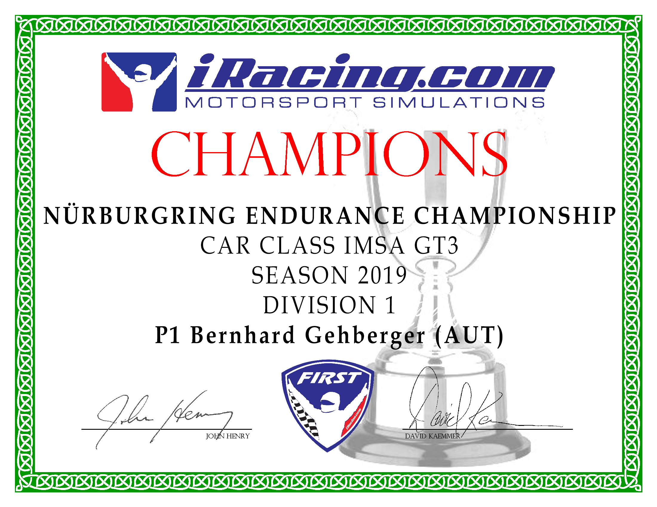 Urkunde P1 Nürburgring Endurance Championship 2019, Division 1